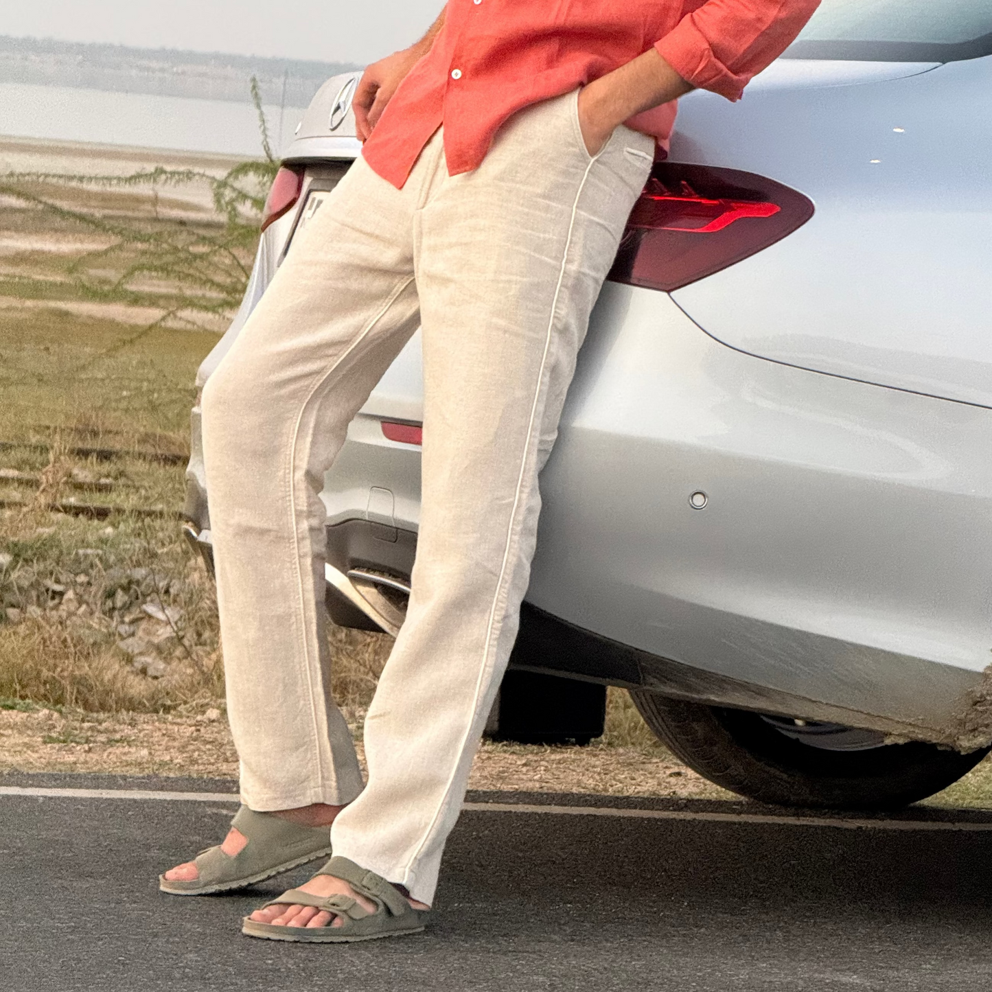 men pants pure linen khaki lining