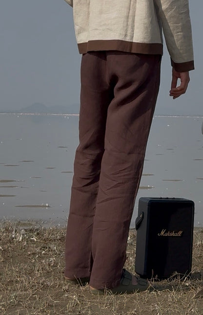 men pants pure linen brown