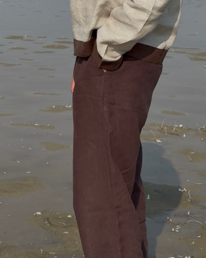men pants pure linen brown