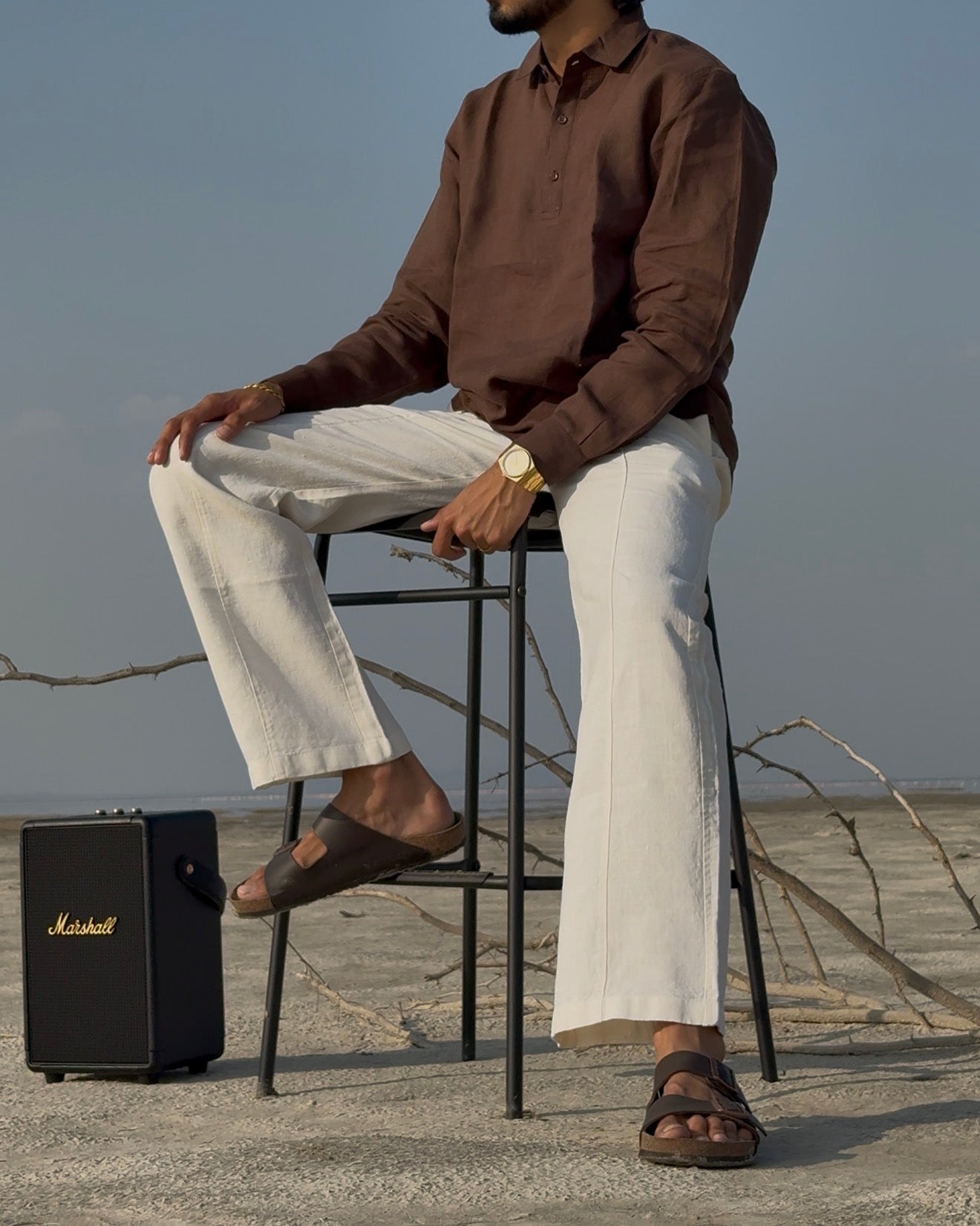 men top pure linen brown collared