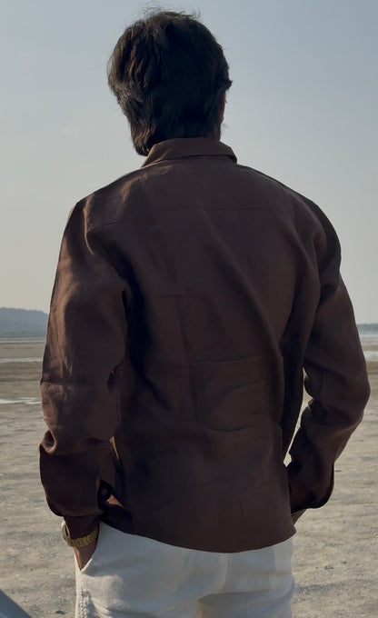 men top pure linen brown collared