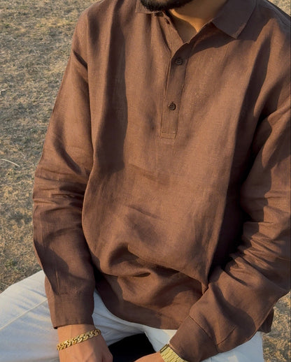 men top pure linen brown collared