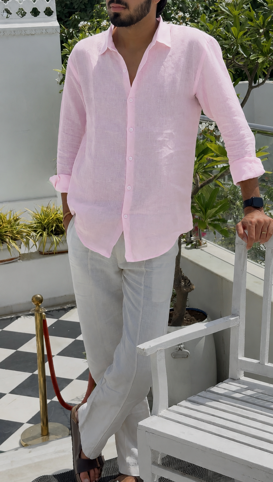 men shirt pure linen pink collared