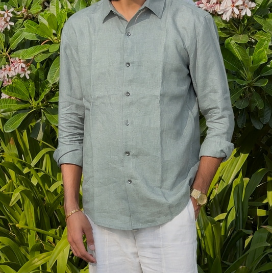 men shirt pure linen sage green collared