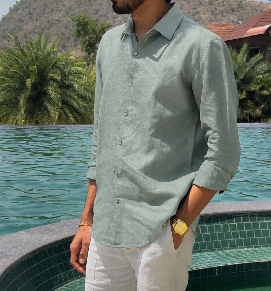 men shirt pure linen sage green collared