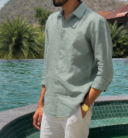men shirt pure linen sage green collared
