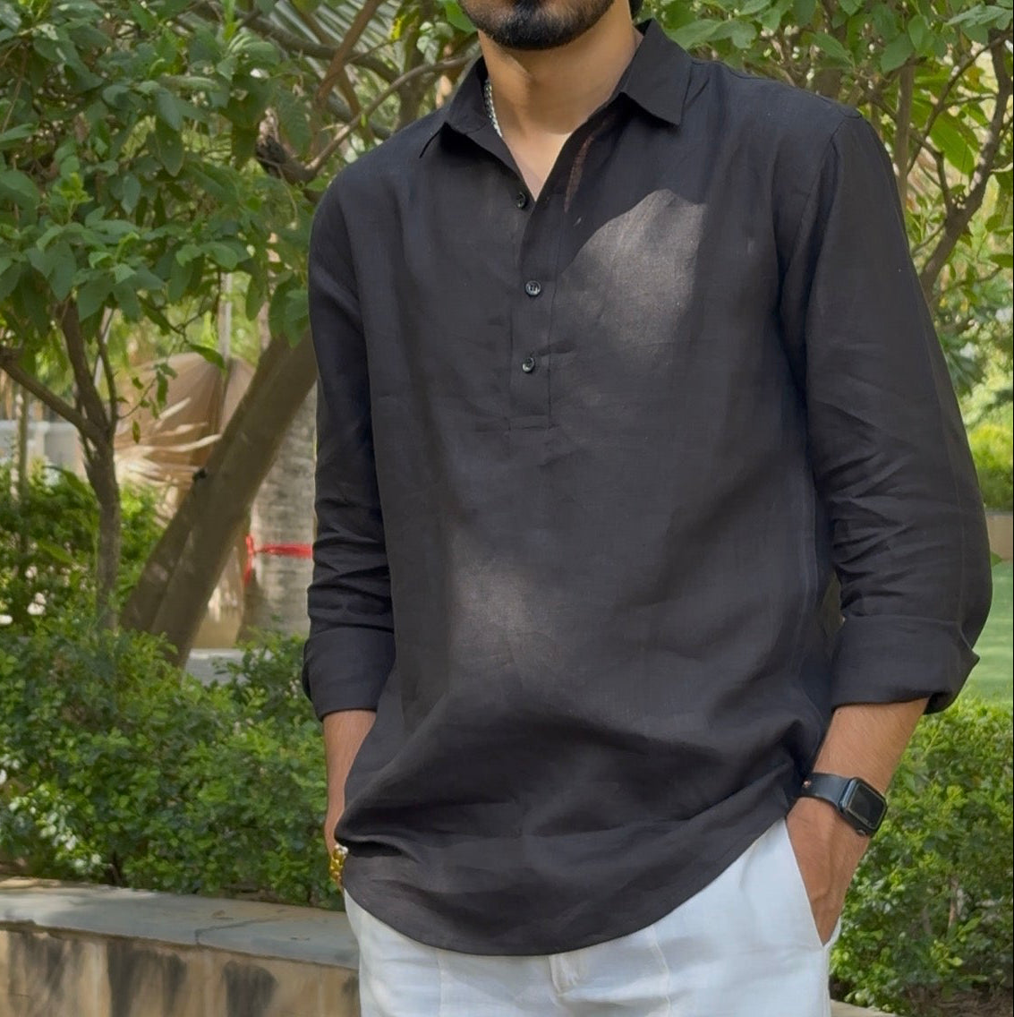 men top pure linen black collared