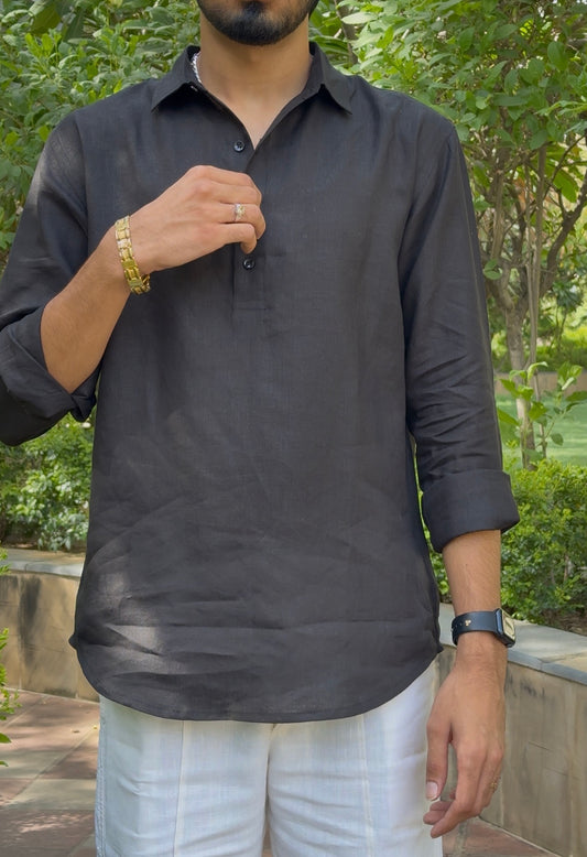 men top pure linen black collared