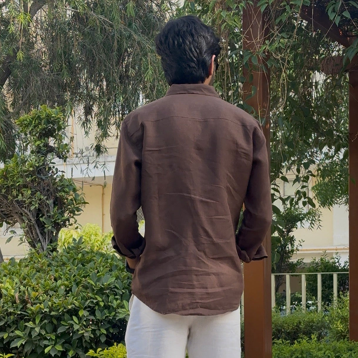 men shirt pure linen brown collared