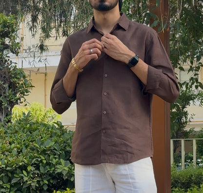 men shirt pure linen brown collared