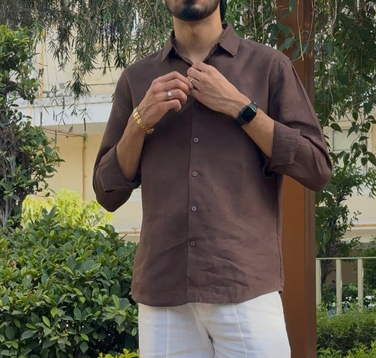 men shirt pure linen brown collared