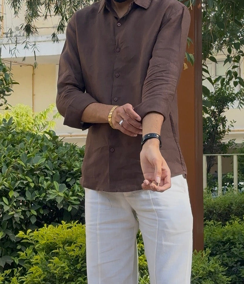 men shirt pure linen brown collared