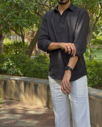 men top pure linen black collared
