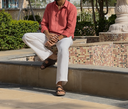 men top pure linen amber rust collared