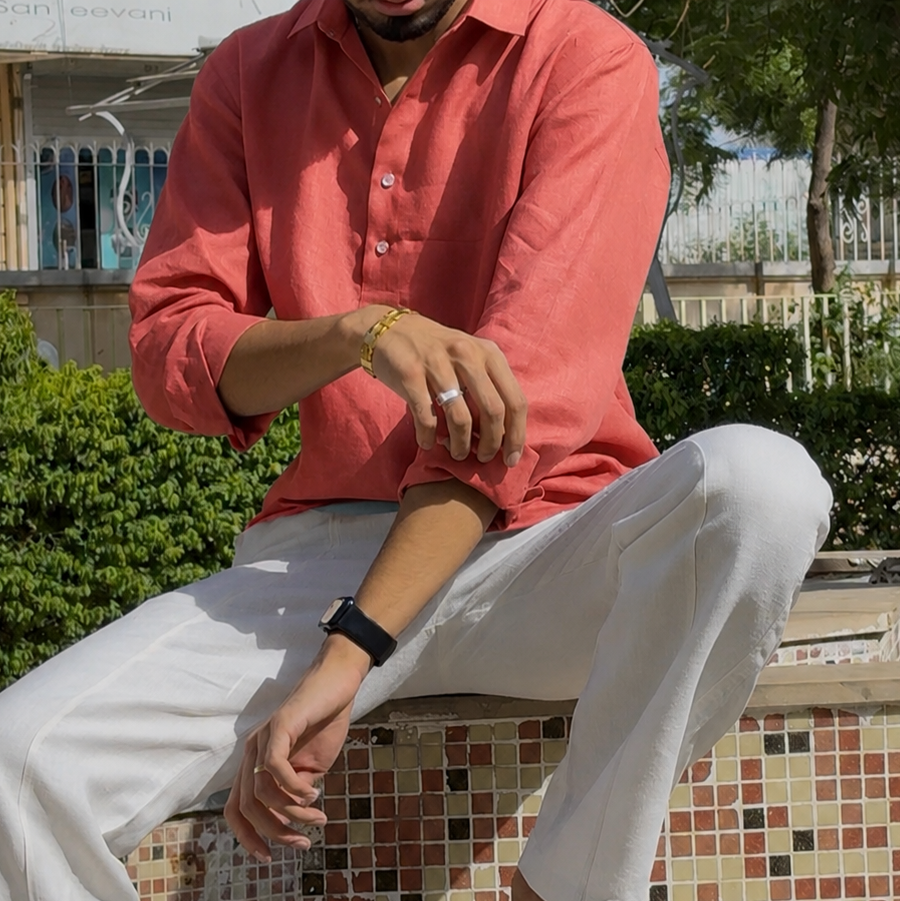 men top pure linen amber rust collared