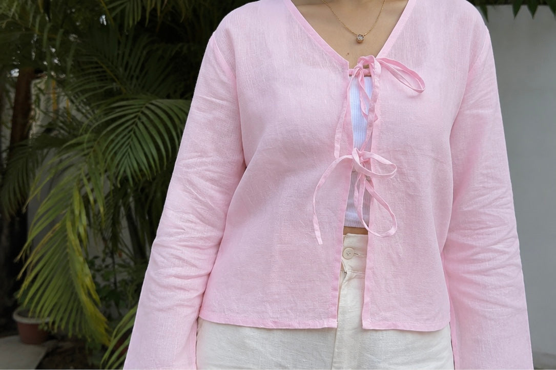 women top pink pure linen front tie up