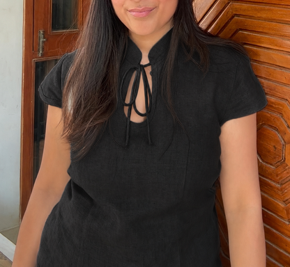 women top pure linen black neck tie-up