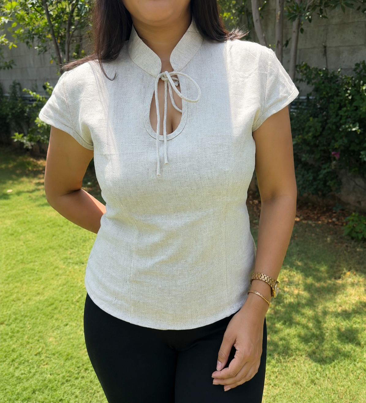 women top pure linen khakhi neck tie-up
