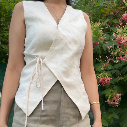 women top pure linen white sleeveless