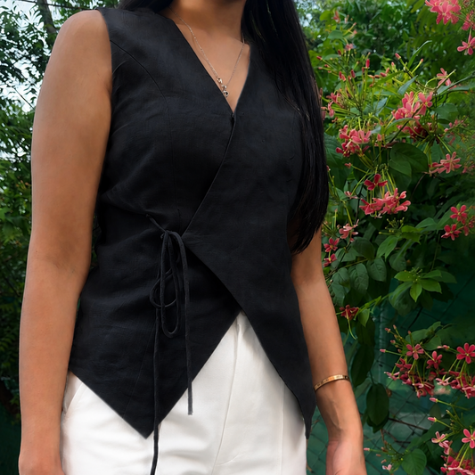 women top black pure linen sleeveless