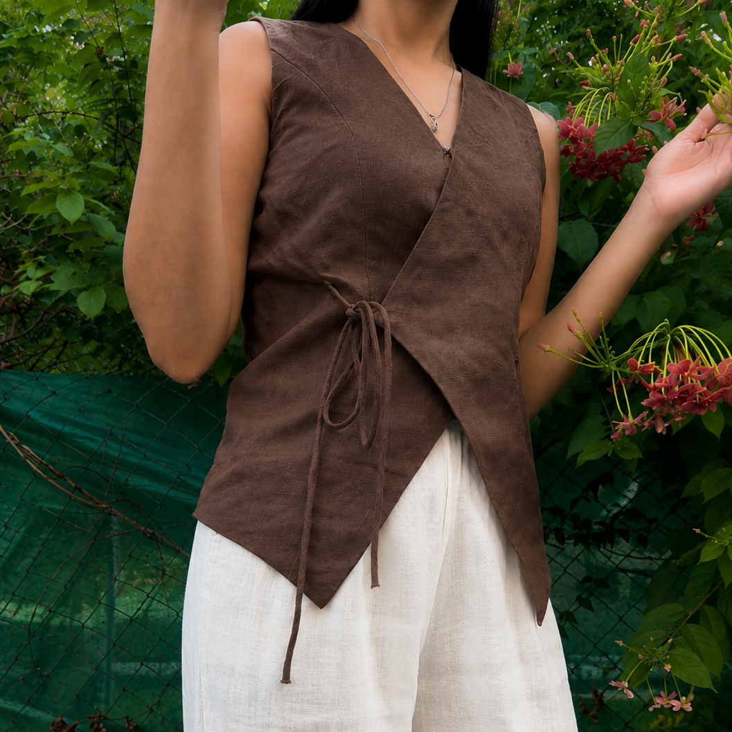 women top brown pure linen sleeveless