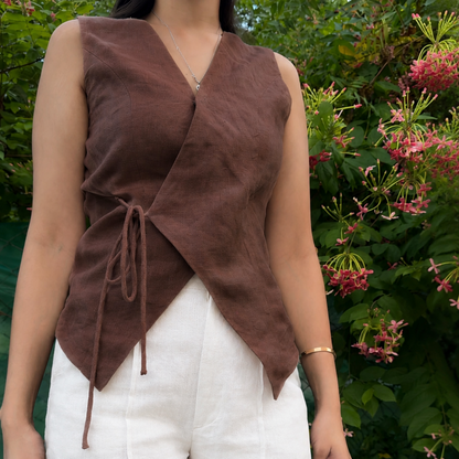women top brown pure linen sleeveless