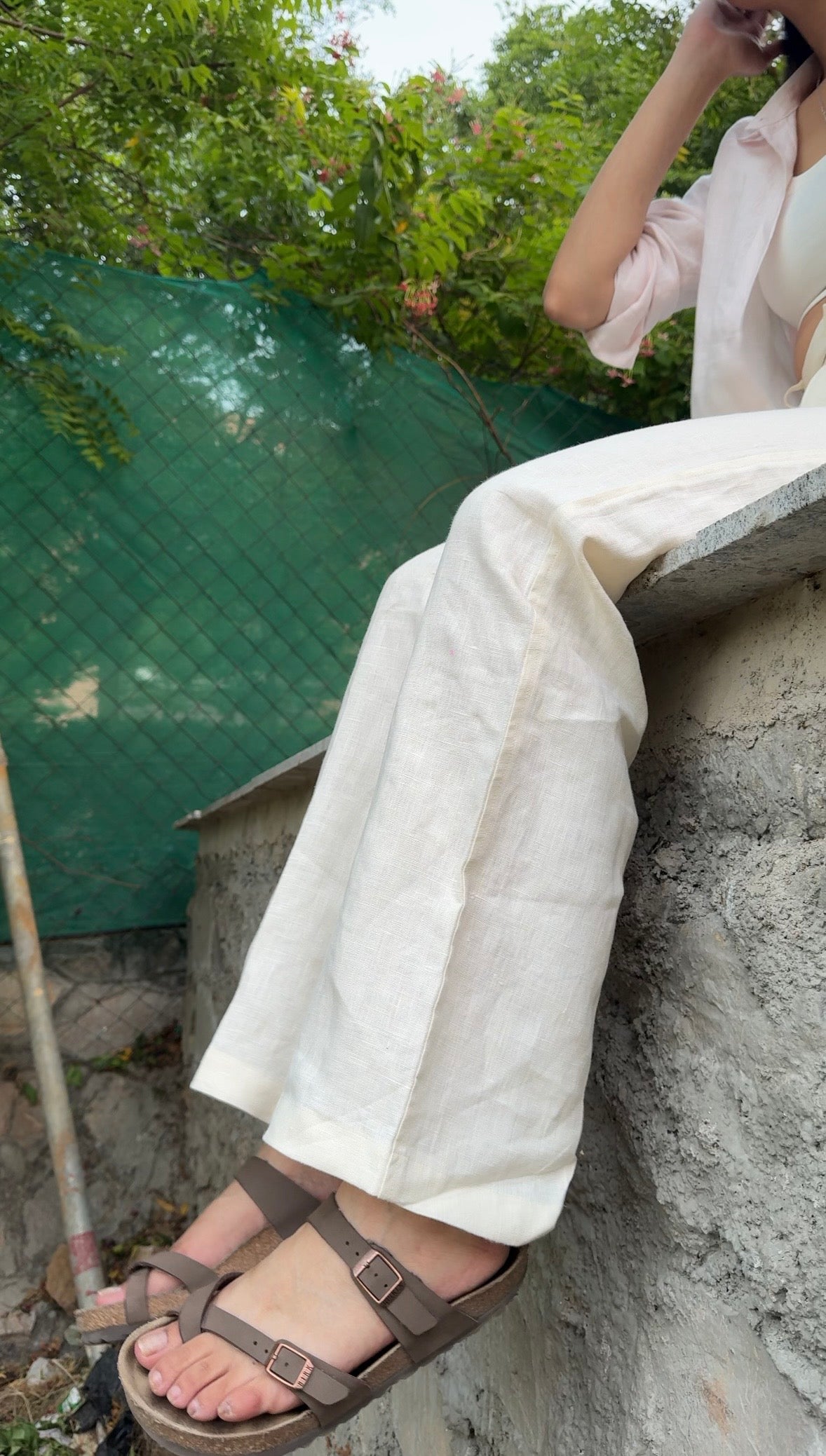 women pants pure linen white straight fit