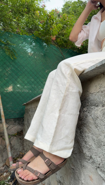 women pants pure linen white straight fit