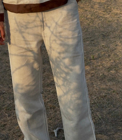 men pants pure linen khaki lining