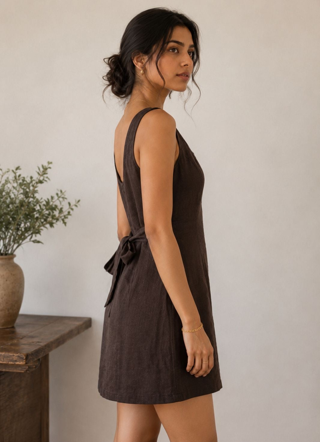 women brown pure linen dress