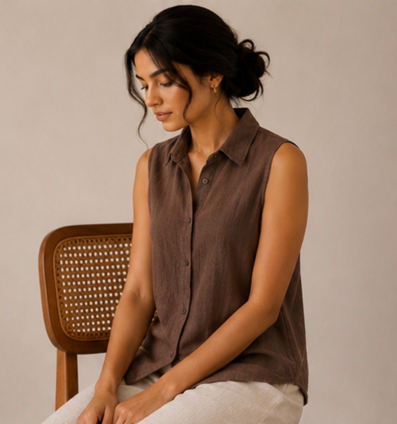 brown pure linen sleeveless women shirt