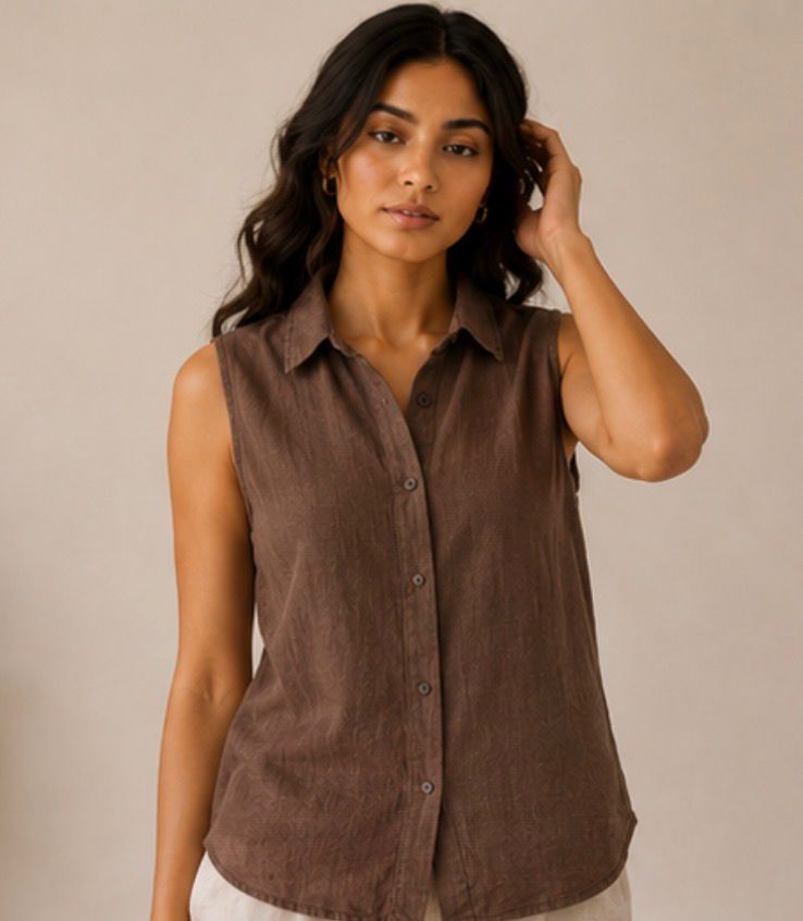 brown pure linen sleeveless women shirt