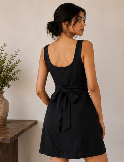 black pure linen dress women
