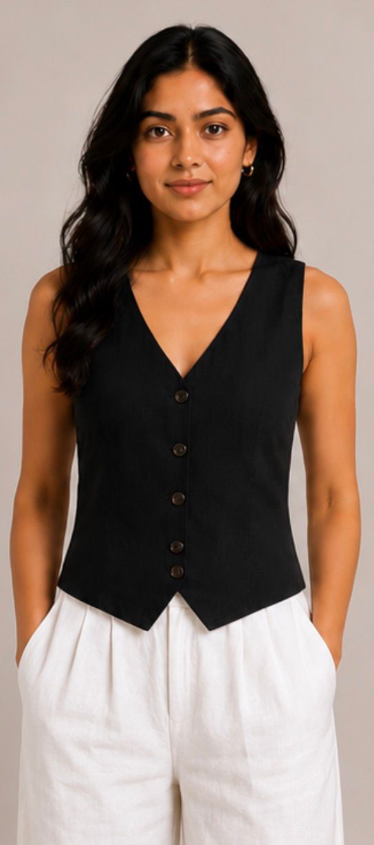 women top black pure linen