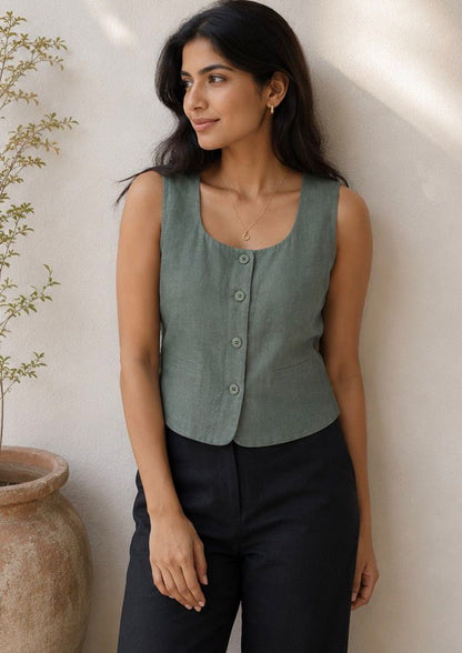 women top sage green pure linen